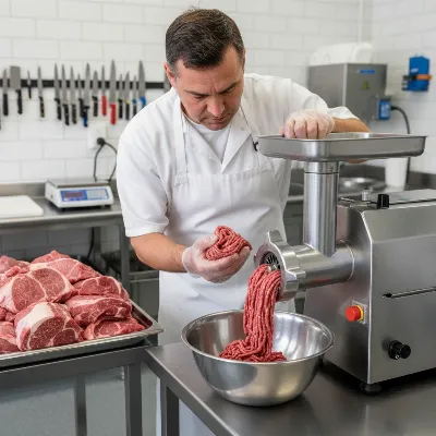 A small butcher inspecting a commercial meat grinder's output for quality control, with fresh meat in the foreground and a clean stainless steel environment in the background. Editorial style, focus on detail and clean environment.