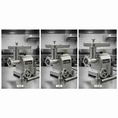 Various Cabela's Carnivore commercial meat grinder models on a kitchen counter for comparison.