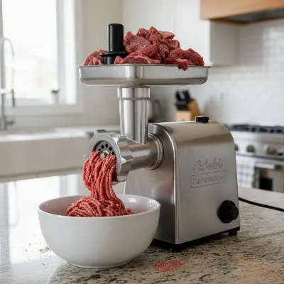 Cabela's Carnivore meat grinder processing wild game in a home kitchen setting.