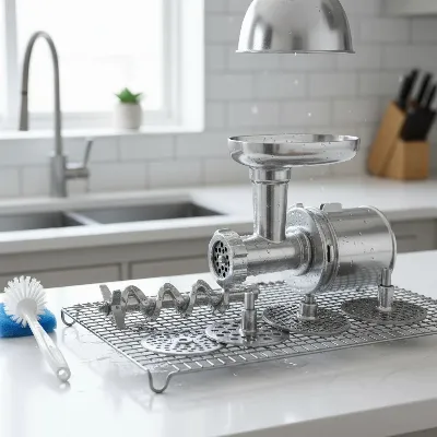 Meat grinder parts disassembled and drying after cleaning, with a cleaning brush.