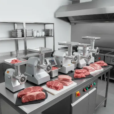 An overview of different heavy-duty meat grinder models in a professional kitchen setting.