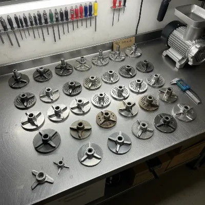 An assortment of various meat grinder blades and plates, showcasing different sizes and materials, neatly arranged on a workbench for comparison and selection. Bright, functional lighting.