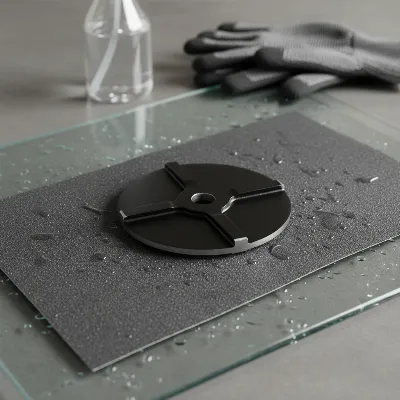 A meat grinder blade marked with a permanent marker, placed on coarse grit sandpaper on a flat glass surface, with safety gloves and a spray bottle nearby.
