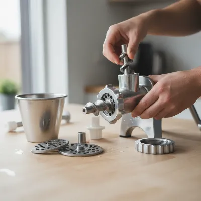 A user carefully disassembling a meat grinder into its individual components for cleaning, with parts laid out on a clean surface