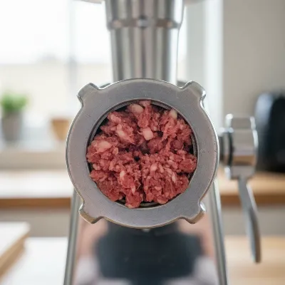 A close-up of a meat grinder's feed tube, showing meat clogging due to improper feeding or unchilled meat