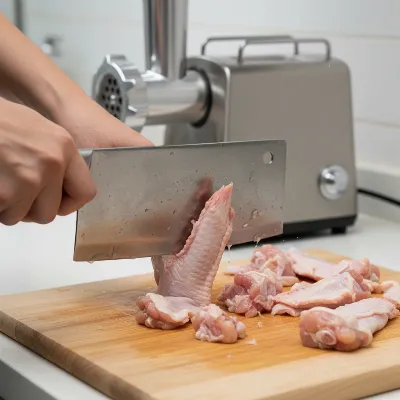 A person cutting raw chicken bones into small pieces on a wooden board next to a meat grinder.