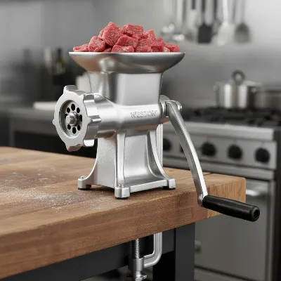 Weston #10 Manual Meat Grinder securely clamped to a wooden counter