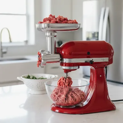 A KitchenAid stand mixer with the metal meat grinder attachment installed, actively grinding red meat into a bowl