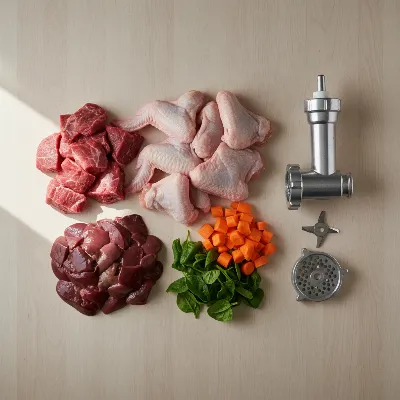 Various raw dog food ingredients including chicken necks and vegetables ready for a meat grinder